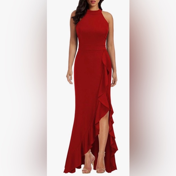 Red Halter Ruffle Maxi Dress - Picture 3 of 3